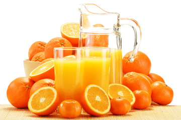 Composition with glasses of orange juice and fruits