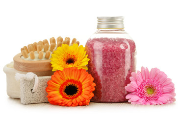 Composition with bottle of bath salt and other products