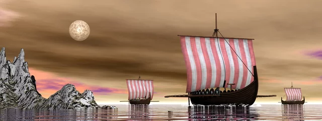 Papier Peint photo Naviguer Drakkars or viking ships - 3D render