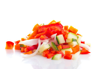 raw meat, vegetables isolated on white