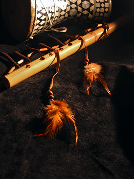 Folk music instruments, flute and drum