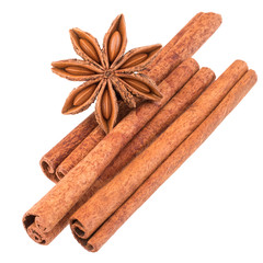 cinnamon stick and star anise spice isolated on white background