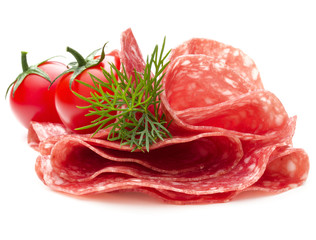 Salami sausage slices isolated on white background cutout
