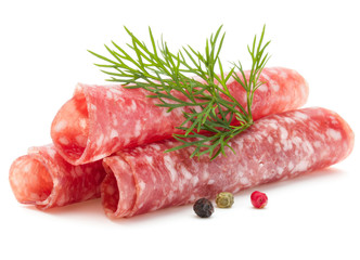 Salami sausage slices isolated on white background cutout