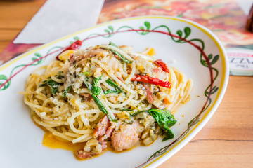 Spicy Spaghetti pork with chili & basil