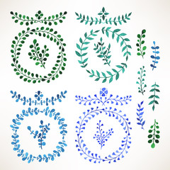 blue and green watercolor leaves - 2