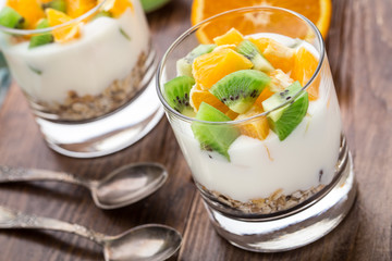 Yogurt with muesli and fruits