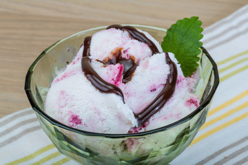 Ice cream with choco and mint leaves