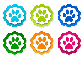 Set of colorful stickers icons with pet footprints symbol