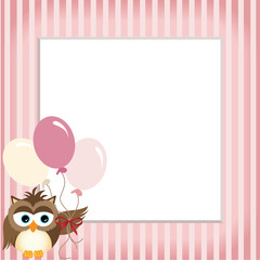 Owl holding balloons in a baby pink frame