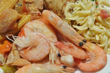 Shrimp pasta lunch.