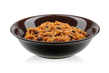 Salad with rice, corn, kidney beans and tomato sauce.