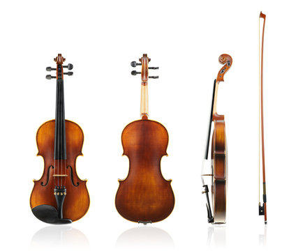 Old violin front, back and side view with violin bow.