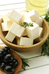 Feta cheese on table