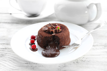 Hot chocolate pudding with fondant centre, close-up