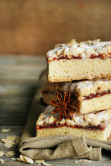 Tasty homemade pie on wooden table