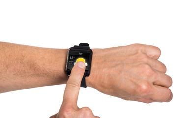 Fototapeta premium Hand Wearing Smartwatch Showing Weather Condition