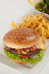 Fresh Hamburger with french fries and salad
