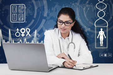 Doctor working on desk with futuristic background