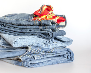 Jeans of indigo color on a show-window of shop