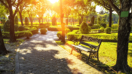 Bench under the tree in Suan Luang Rama 9 park - obrazy, fototapety, plakaty
