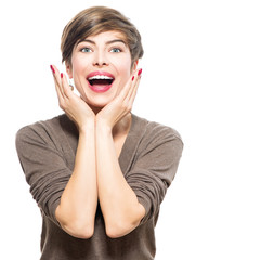 Surprised woman. Young excited beauty with short hairstyle