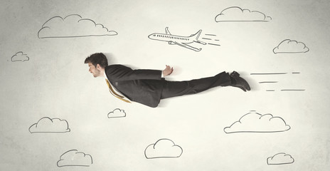 Cheerful business person flying between hand drawn sky clouds