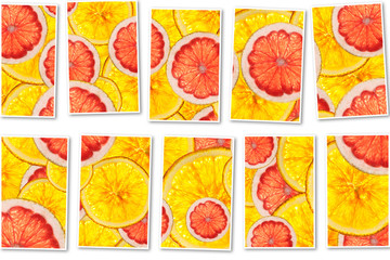 pink grapefruits and oranges mix colorful sliced fruits  collage