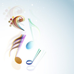 Shiny colorful musical notes on blue background.