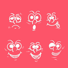 Set of different facial expressions on pink background.