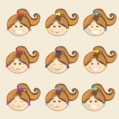 Cute girl cartoon with different facial expressions.