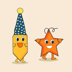 Character or pencil in cap and star in happy mood.