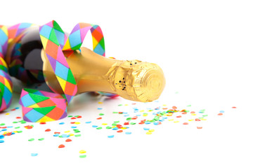 Champagne bottle with party decoration. All on white
