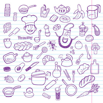 Hand drawn cooking and kitchen set