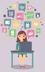Shopping concept with manager, computer and many shopping icons