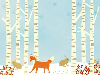 Winter Birch forest background – with animals