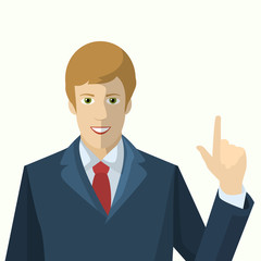 Businessman raised his hand with the index finger in flat design