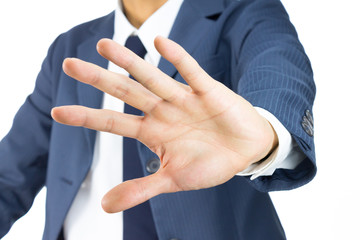 Businessman Stop Sign Hand Gesture on Tilt View Isolated on Whit