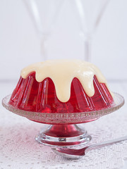 Rote Götterspeise mit Vanillesoße auf einem Teller