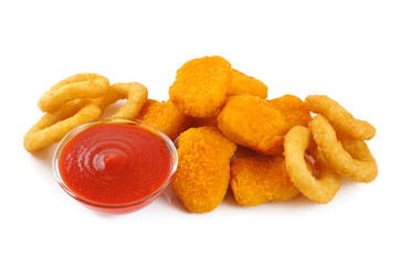 Nuggets, onion rings, ketchup isolated on white background