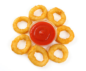 Onion rings, ketchup isolated on white background