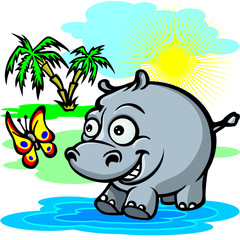 hippo cute cheerful looking at a butterfly vector illustration