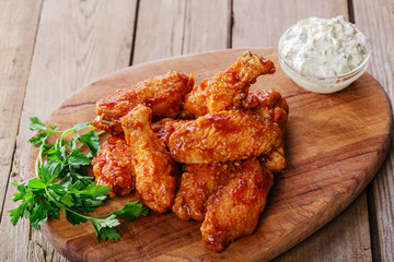 Battered chicken wings in red spicy sauce