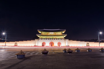 Geyongbokgung Palace at night in Seoul, South Korea.