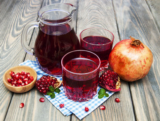Pitcher and Two glasses of pomegranate juice