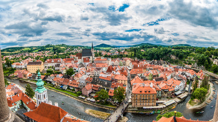 Naklejka na ściany i meble Panoramic aerial view over the old Town of Cesky Krumlov, Czech