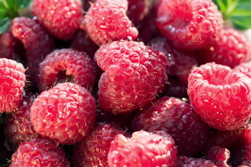 Fullscreen image of raspberries in a heap. Close-up