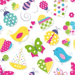 Fotobehang cute hearts flowers toys and animals pattern © Jelena Z
