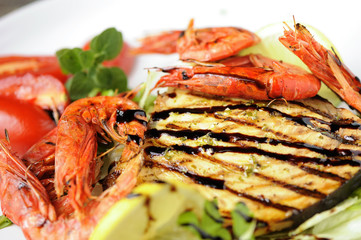 King prawns with swordfish grilled