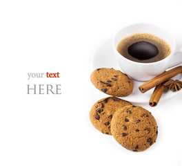 Breakfast with coffee and cookies on table